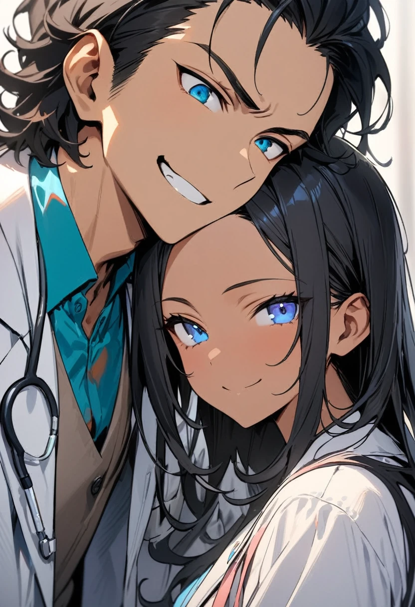 (( straight face picture )) ((best quality)), (Masterpiece)), (details), ( Beautiful colors ) ( ornamentation ) ,doctor ,young man , Tanned skin , black hair,blue eyes ,Shoulder-length hair ,Slightly curly hair , open forehead , suit ,doctor , Smiling.