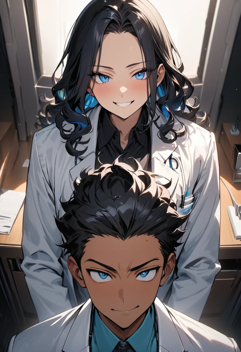 (( straight face picture )) ((best quality)), (Masterpiece)), (details), ( Beautiful colors ) ( ornamentation ) ,doctor ,young man , Tanned skin , black hair,blue eyes ,Shoulder-length hair ,Slightly curly hair , open forehead , suit ,doctor , Smiling.
