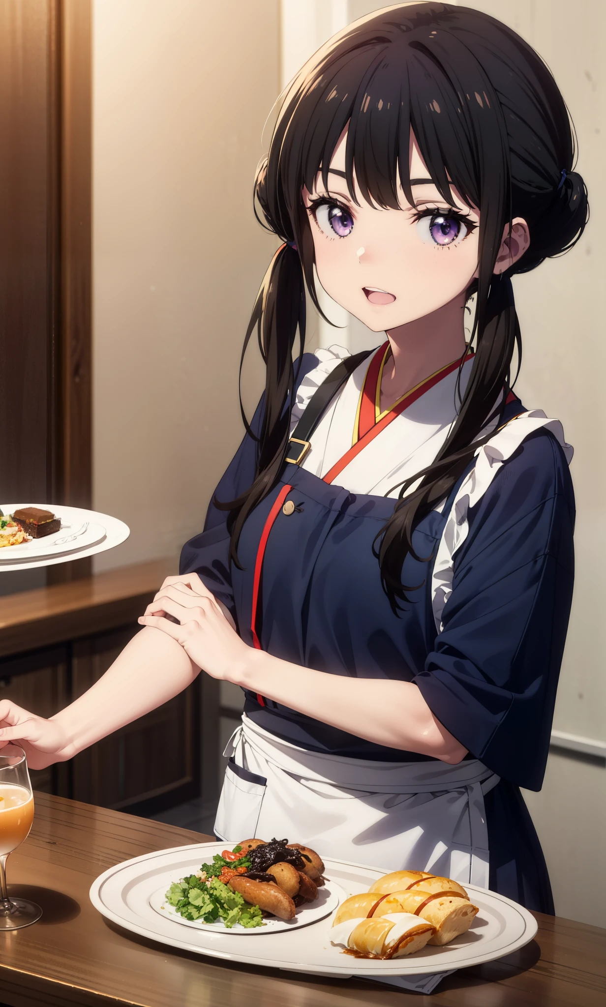 Takiuchikami, Long Hair, bangs, Twin tails, Black Hair, (Purple eyes:1.1),smile,Open your mouth,
break japanese clothes, Blue Kimono, apron, waist apron, waitress,White tabi,whole body,So that it can be included in the illustration,food, drink, Table Cleaning, tray, tray in one hand
break indoors, hostel,
break looking at viewer, whole body,
break (masterpiece:1.2), Highest quality, High resolution, unity 8k wallpaper, (figure:0.8), (Beautiful attention to detail:1.6), Highly detailed face, Perfect lighting, Highly detailed CG, (Perfect hands, Perfect Anatomy),