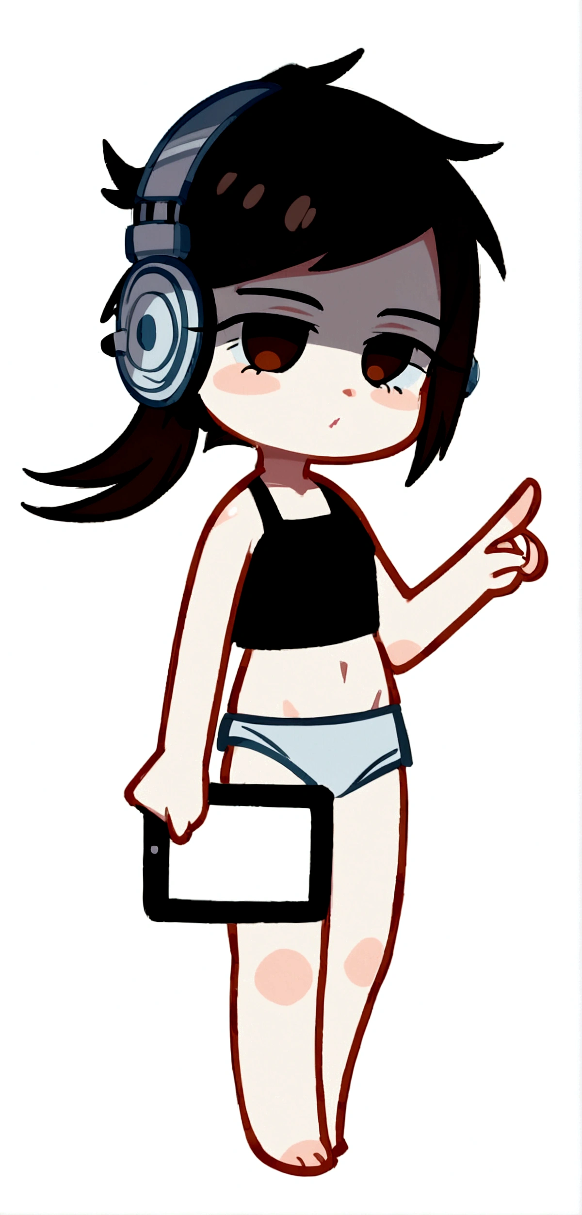 cartoon girl with headphones and a tablet pointing at something, full body!, in an anime style, full_body!!, ecchi anime style, with headphones, with head phones, chibi style, cel shaded!!!, unknown artstyle, thicc, jaidenanimations, chibi, anime moe artstyle, holding a pudica pose