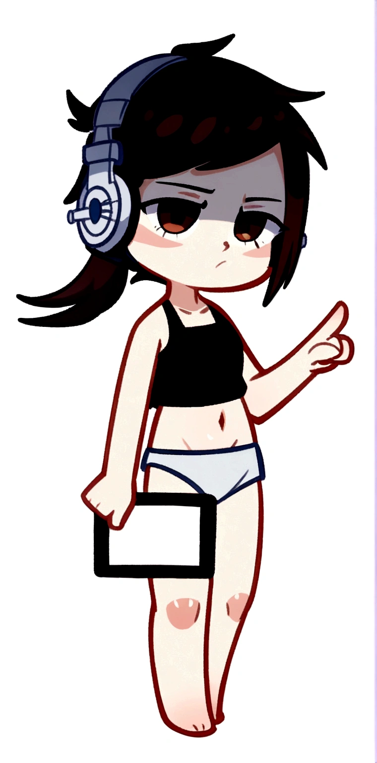 cartoon girl with headphones and a tablet pointing at something, full body!, in an anime style, full_body!!, ecchi anime style, with headphones, with head phones, chibi style, cel shaded!!!, unknown artstyle, thicc, jaidenanimations, chibi, anime moe artstyle, holding a pudica pose