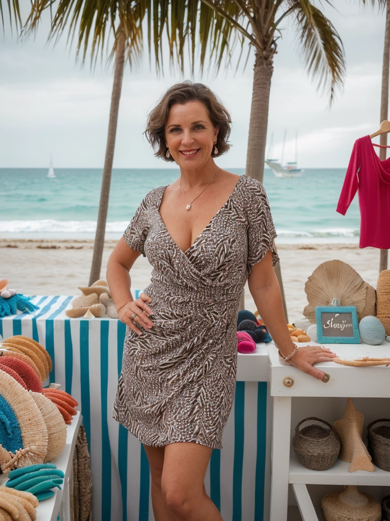 1 girl, photorealistic, realistic, her name is Elise, middle age, a 45-year-old woman with gray hair, body of 45-year-old woman, wrinkles on her face and body, Alpine woman, ((dark brown hair, short hair))), smiling, (((she is standing seductively standing outside a charming souvenir shop near the beach, The backdrop features the souvenir shop’s colorful display of beach-themed trinkets and local crafts, with palm trees swaying in the gentle sea breeze. The sound of waves crashing nearby adds to the ambiance, creating a picture-perfect moment of coastal charm and casual elegance. ))), (((dynamic pose))), (((she is wearing a sexy mini dress crafted from lightweight fabric that drapes elegantly over the silhouette. The cowl neck adds a touch of sophistication, gently folding at the neckline and drawing attention to the collarbones. The print itself features an abstract design reminiscent of brush strokes and splashes of vibrant colors—perhaps hues of pick or red. This artistic pattern gives the dress a dynamic and playful appeal, perfect for a fashion-forward look. )))