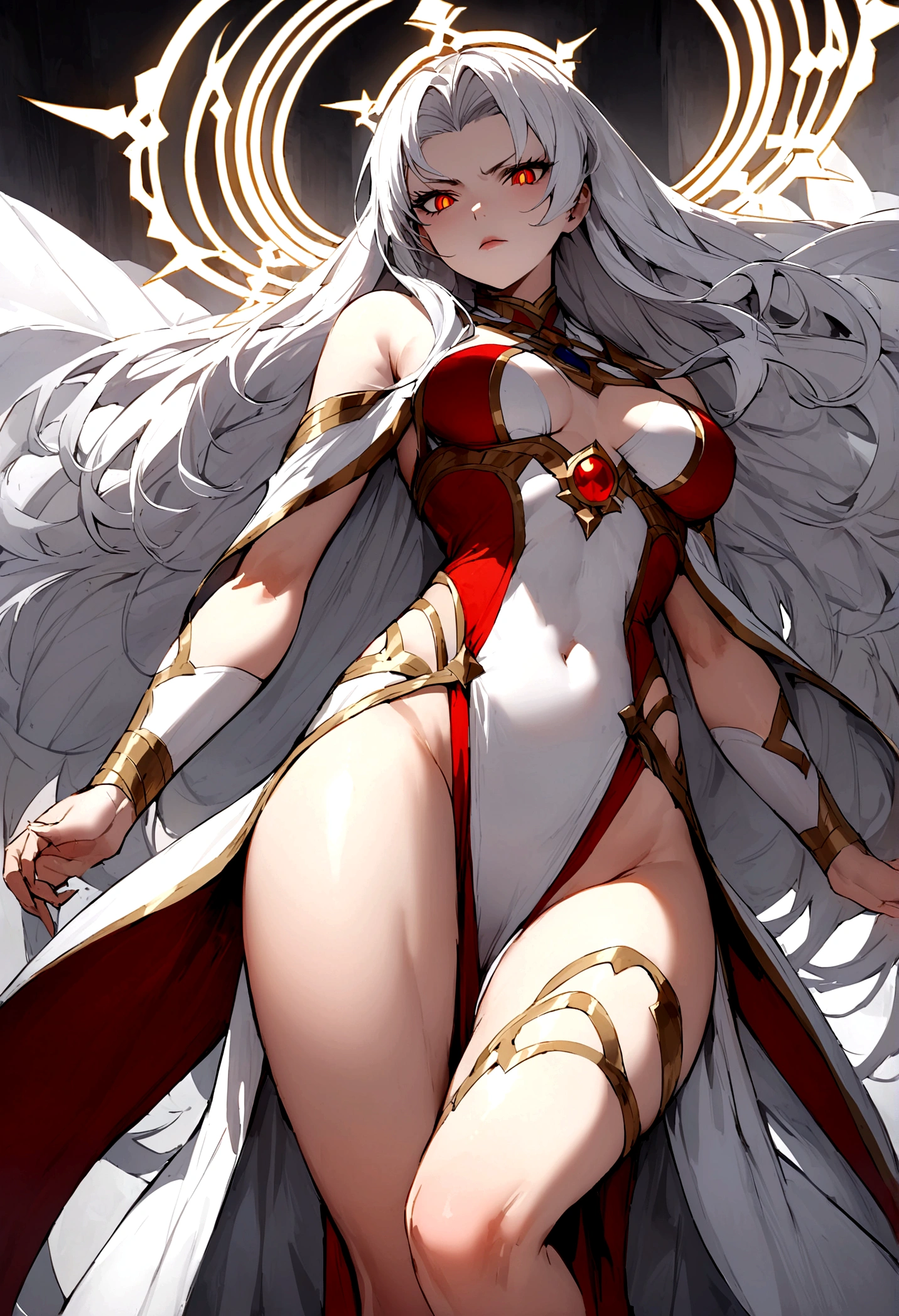 Make a woman she is a very powerful deity, and has a halo of white energy over her white hair, she has red vertical pupils, and wears divinity clothes she has a very sexy body and a serious look on her face