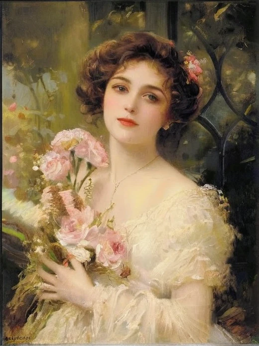 woman with oval face, dark brown wavy hair, wearing a white tunic with delicate iridescent tones, walking in a beautiful flower garden

medium: oil painting
beautiful detailed eyes, beautiful detailed lips, extremely detailed eyes and face, long eyelashes
chestnut brown hair in elaborate curls, styled with a delicate floral hair accessory
elegant and ornate dress in vibrant colors, adorned with delicate lace and embroidery
perfectly manicured hands holding a bouquet of fresh flowers
soft and glowing skin, with a healthy rosy complexion
subtle expression of youthful innocence and curiosity in her eyes
graceful posture and gentle smile, radiating timeless charm
faint sunlight gently filtering through a window, casting a warm glow on her face
impeccable attention to lighting and shading, emphasizing the girl's natural beauty
rich and vibrant color palette, capturing the elegance and opulence of 19th century Munich
subtle brushstrokes and fine details, showcasing the artist's skill and mastery of the medium
(masterpiece:1.2), ultra-detailed, (photorealistic:1.37), HDR, UHD, professional
classic portrait style, reminiscent of the great masters of the era
overall warm and inviting atmosphere, transporting the viewer to a bygone era