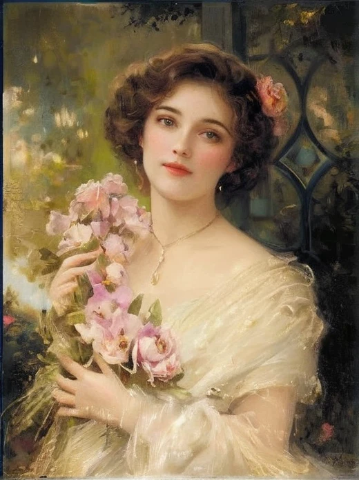woman with oval face, dark brown wavy hair, wearing a white tunic with delicate iridescent tones, walking in a beautiful flower garden
medium: oil painting
beautiful detailed eyes, beautiful detailed lips, extremely detailed eyes and face, long eyelashes
chestnut brown hair in elaborate curls, styled with a delicate floral hair accessory
elegant and ornate dress in vibrant colors, adorned with delicate lace and embroidery
perfectly manicured hands holding a bouquet of fresh flowers
soft and glowing skin, with a healthy rosy complexion
subtle expression of youthful innocence and curiosity in her eyes
graceful posture and gentle smile, radiating timeless charm
faint sunlight gently filtering through a window, casting a warm glow on her face
impeccable attention to lighting and shading, emphasizing the girl's natural beauty
rich and vibrant color palette, capturing the elegance and opulence of 19th century Munich
subtle brushstrokes and fine details, showcasing the artist's skill and mastery of the medium
(masterpiece:1.2), ultra-detailed, (photorealistic:1.37), HDR, UHD, professional
classic portrait style, reminiscent of the great masters of the era
overall warm and inviting atmosphere, transporting the viewer to a bygone era