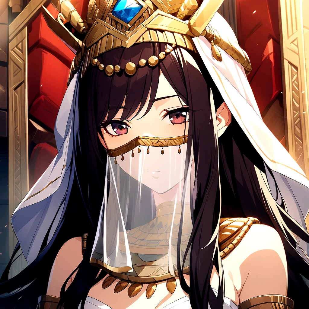 1girl, long hair, dark hair, ancient civilization clothes, white glove, mouth veil, throne background, game cg,