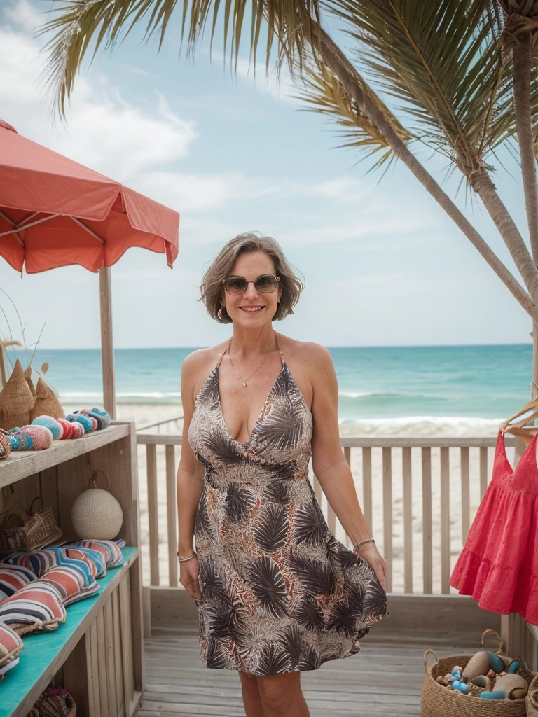 1 girl, photorealistic, realistic, her name is Elise, middle age, a 45-year-old woman with gray hair, body of 45-year-old woman, wrinkles on her face and body, Alpine woman, ((dark brown hair, short hair))), smiling, (((she is standing seductively standing outside a charming souvenir shop near the beach, The backdrop features the souvenir shop’s colorful display of beach-themed trinkets and local crafts, with palm trees swaying in the gentle sea breeze. The sound of waves crashing nearby adds to the ambiance, creating a picture-perfect moment of coastal charm and casual elegance. ))), (((dynamic pose))), (((she is wearing a sexy mini dress crafted from lightweight fabric that drapes elegantly over the silhouette. The cowl neck adds a touch of sophistication, gently folding at the neckline and drawing attention to the collarbones. The print itself features an abstract design reminiscent of brush strokes and splashes of vibrant colors—perhaps hues of pick or red. This artistic pattern gives the dress a dynamic and playful appeal, perfect for a fashion-forward look)))