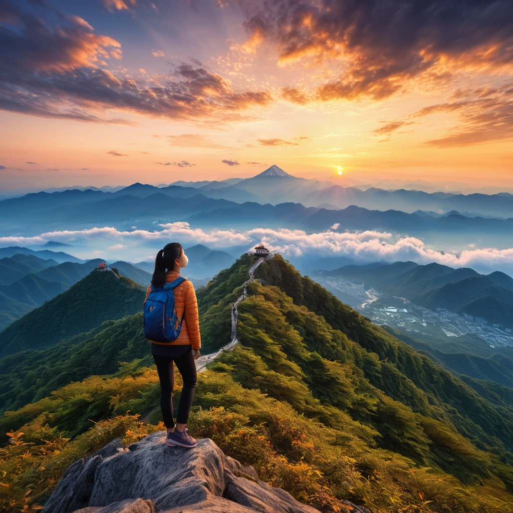 有一位女士背着背包Standing on the mountain, At Dawn, At Dawn, Sunset, Standing on the mountain, At Dawn, Sunset, Cloud,High image quality 4K,Award-winning works,Stand in front of Mt, Sunset, Sunset