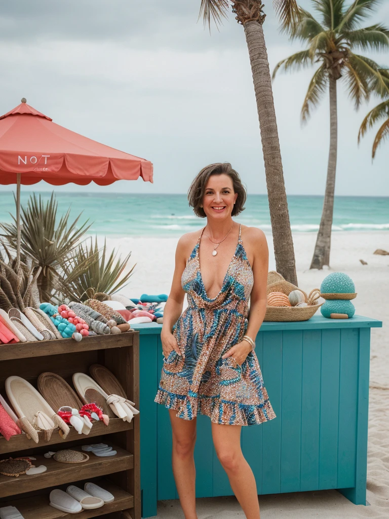 1 girl, photorealistic, realistic, her name is Elise, middle age, a 45-year-old woman with gray hair, body of 45-year-old woman, wrinkles on her face and body, Alpine woman, ((dark brown hair, short hair))), smiling, (((she is standing seductively standing outside a charming souvenir shop near the beach, The backdrop features the souvenir shop’s colorful display of beach-themed trinkets and local crafts, with palm trees swaying in the gentle sea breeze. The sound of waves crashing nearby adds to the ambiance, creating a picture-perfect moment of coastal charm and casual elegance. ))), (((dynamic pose))), (((she is wearing a sexy mini dress crafted from lightweight fabric that drapes elegantly over the silhouette. The cowl neck adds a touch of sophistication, gently folding at the neckline and drawing attention to the collarbones. The print itself features an abstract design reminiscent of brush strokes and splashes of vibrant colors—perhaps hues of pick or red. This artistic pattern gives the dress a dynamic and playful appeal, perfect for a fashion-forward look)))