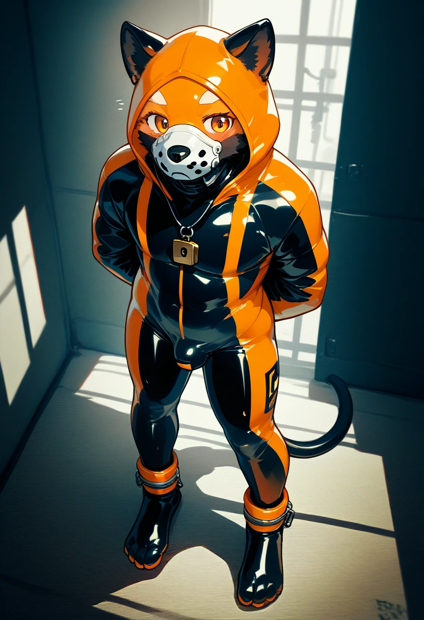 Highest quality, Highest quality, High quality illustrations, masterpiece, Ultra-high resolution, Detailed Background, In the cage, Absurd, Perfect Anatomy, performance, Good lighting, Shadows in the movies(kemono, Furry Personifi猫ion), Dark Skin, Rubber suit, Rubber suit, latex, Neon color, Rubber spats, Orange rubber hoodie,  Rubber mask, ribbon, Embarrassing, Null bulge, Hands restrained behind your back, first round, Lock, Prisoner, male, juvenile, from above