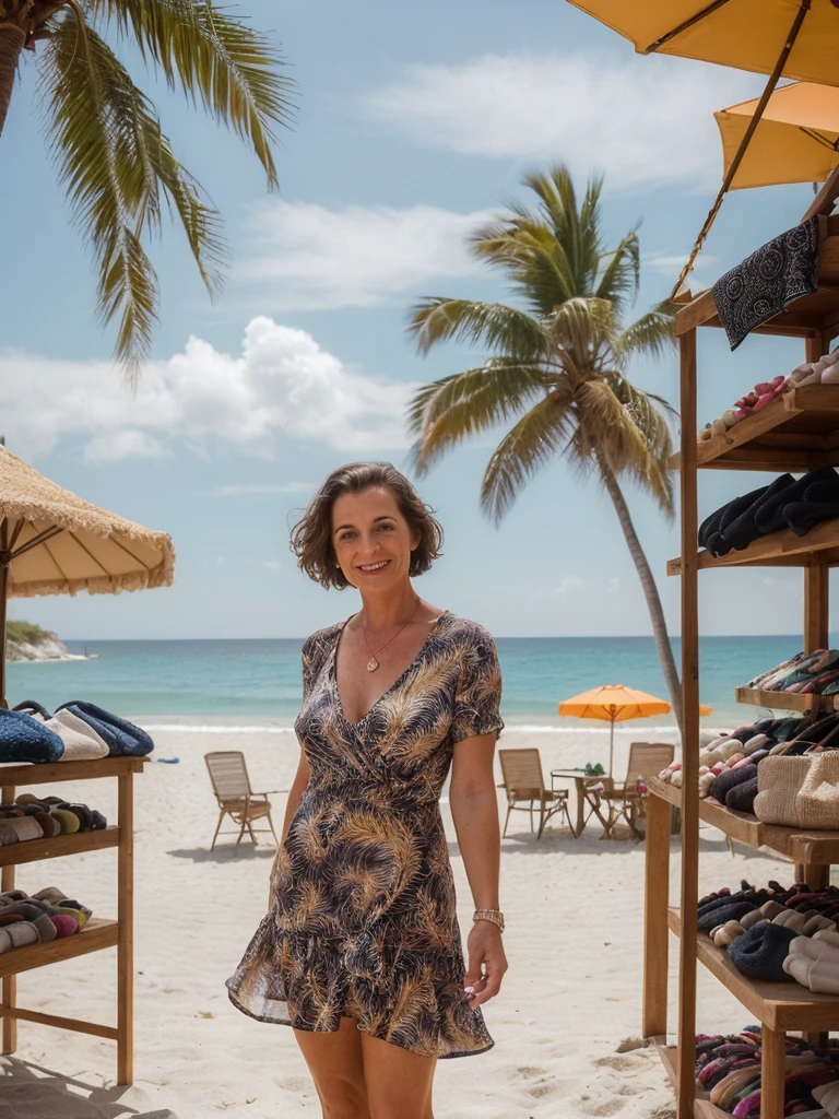 1 girl, photorealistic, realistic, her name is Elise, middle age, a 45-year-old woman with gray hair, body of 45-year-old woman, wrinkles on her face and body, Alpine woman, ((dark brown hair, short hair))), smiling, (((she is standing seductively standing outside a charming souvenir shop near the beach, The backdrop features the souvenir shop’s colorful display of beach-themed trinkets and local crafts, with palm trees swaying in the gentle sea breeze. The sound of waves crashing nearby adds to the ambiance, creating a picture-perfect moment of coastal charm and casual elegance. ))), (((dynamic pose))), (((she is wearing a sexy mini dress crafted from lightweight fabric that drapes elegantly over the silhouette. The cowl neck adds a touch of sophistication, gently folding at the neckline and drawing attention to the collarbones. The print itself features an abstract design reminiscent of brush strokes and splashes of vibrant colors—perhaps hues of pick or red. This artistic pattern gives the dress a dynamic and playful appeal, perfect for a fashion-forward look)))
