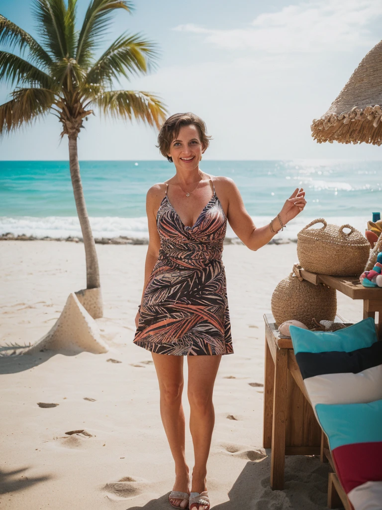 1 girl, photorealistic, realistic, her name is Elise, middle age, a 45-year-old woman with gray hair, body of 45-year-old woman, wrinkles on her face and body, Alpine woman, ((dark brown hair, short hair))), smiling, (((she is standing seductively standing outside a charming souvenir shop near the beach, The backdrop features the souvenir shop’s colorful display of beach-themed trinkets and local crafts, with palm trees swaying in the gentle sea breeze. The sound of waves crashing nearby adds to the ambiance, creating a picture-perfect moment of coastal charm and casual elegance. ))), (((dynamic pose))), (((she is wearing a sexy mini dress crafted from lightweight fabric that drapes elegantly over the silhouette. The cowl neck adds a touch of sophistication, gently folding at the neckline and drawing attention to the collarbones. The print itself features an abstract design reminiscent of brush strokes and splashes of vibrant colors—perhaps hues of pick or red. This artistic pattern gives the dress a dynamic and playful appeal, perfect for a fashion-forward look)))