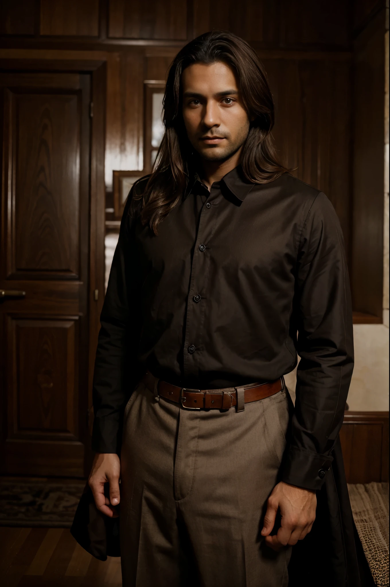 man, 30 years old, brown hair and eyes, beautiful, 1900 style, clothes from 's, stylish, dark skin from Afeganistan, FUJIFILM, cinematography, 16k, uhd, in a house