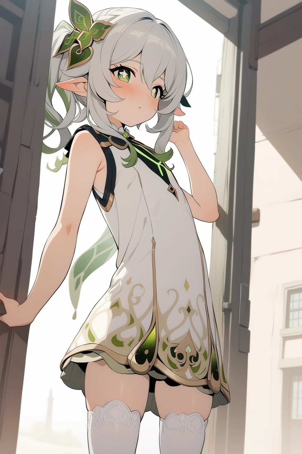 masterpiece, best quality,1 Girl,Nashida \(Genshin Impact\),,Front Miniskirt,Shooting Shirt,sleeveless, bow,White stockings,Stand in front of the school, Retro art style,