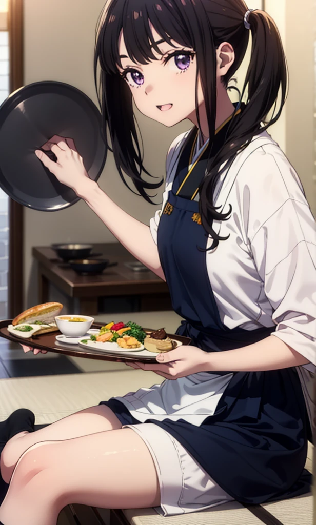 Takiuchikami, Long Hair, bangs, Twin tails, Black Hair, (Purple eyes:1.1),smile,Open your mouth,
break japanese clothes, Blue Kimono, apron, waist apron, waitress,White socks,whole body,So that it can be included in the illustration,food, drink, Table Cleaning, tray, tray in one hand
break indoors, hostel,
break looking at viewer, whole body,
break (masterpiece:1.2), Highest quality, High resolution, unity 8k wallpaper, (figure:0.8), (Beautiful attention to detail:1.6), Highly detailed face, Perfect lighting, Highly detailed CG, (Perfect hands, Perfect Anatomy),