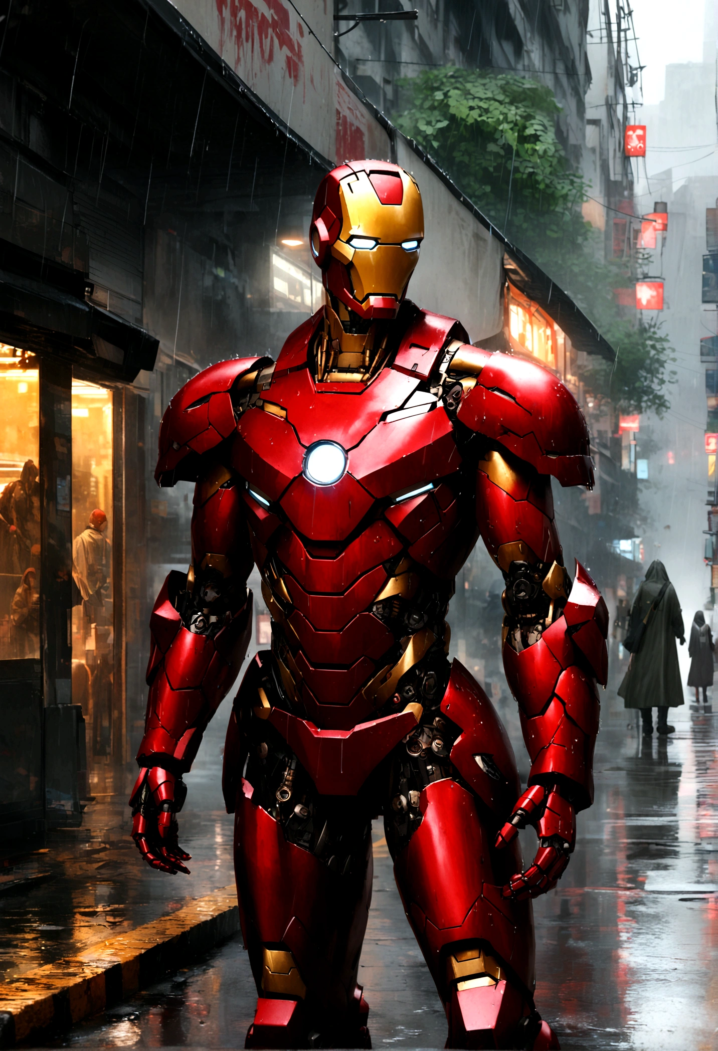 photo of Iron Man from Marvel standing outside the city 17, rainy, rtx, octane, unreal
