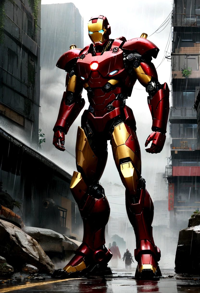 photo of Iron Man from Marvel standing outside the city 17, rainy, rtx, octane, unreal