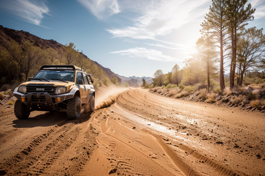 Highest quality,Photorealistic rendering,Off-road海报, Off-road, traveling long Dirt Road, Best selection on Adobe Stock, shutter, Dirt Road, rally driving photo, Dirt Road background, dust and sand in the air, Vehicle Photography, road trip exciting, Thomas Haffner, photo shoot