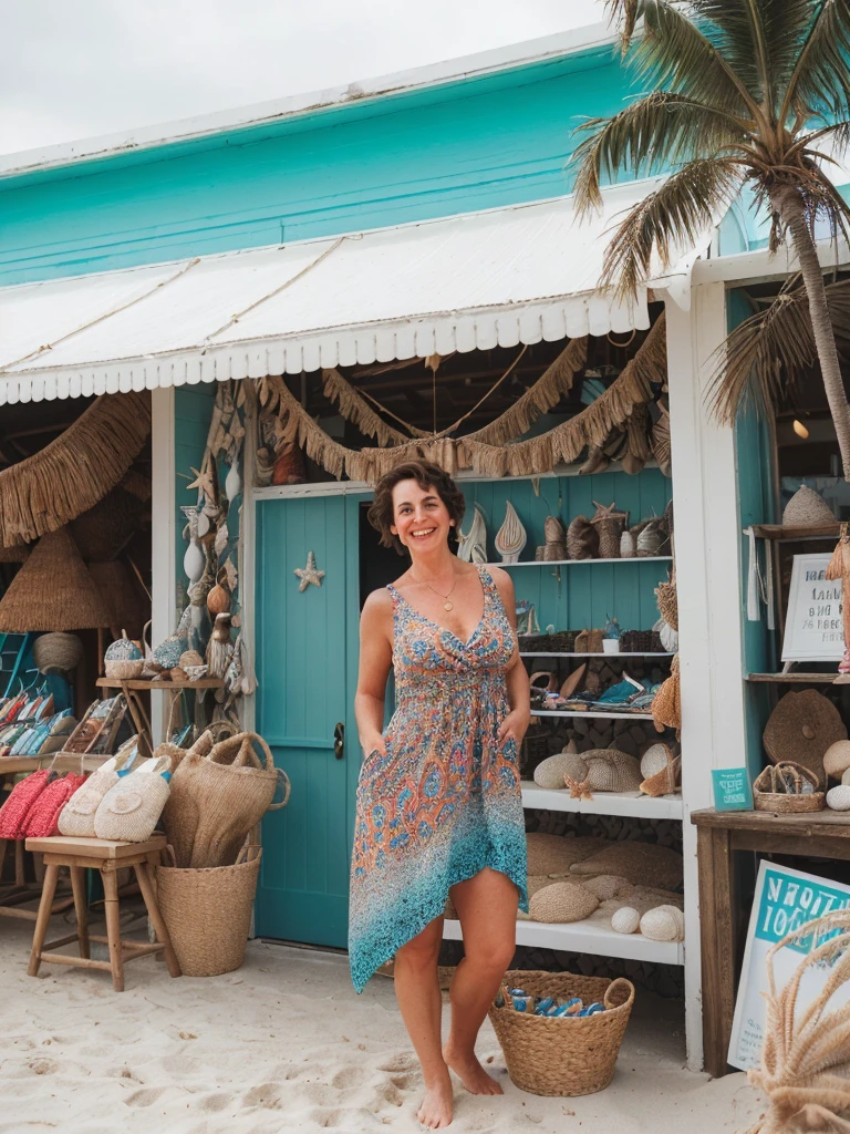 1 girl, photorealistic, realistic, her name is Elise, middle age, a 45-year-old woman with gray hair, body of 45-year-old woman, wrinkles on her face and body, Alpine woman, ((dark brown hair, short hair))), smiling, (((she is standing seductively standing outside a charming souvenir shop near the beach, The backdrop features the souvenir shop’s colorful display of beach-themed trinkets and local crafts, with palm trees swaying in the gentle sea breeze. The sound of waves crashing nearby adds to the ambiance, creating a picture-perfect moment of coastal charm and casual elegance. ))), (((dynamic pose))), (((she is wearing a sexy mini dress crafted from lightweight fabric that drapes elegantly over the silhouette. The cowl neck adds a touch of sophistication, gently folding at the neckline and drawing attention to the collarbones. The print itself features an abstract design reminiscent of brush strokes and splashes of vibrant colors—perhaps hues of pick or red. This artistic pattern gives the dress a dynamic and playful appeal, perfect for a fashion-forward look)))
