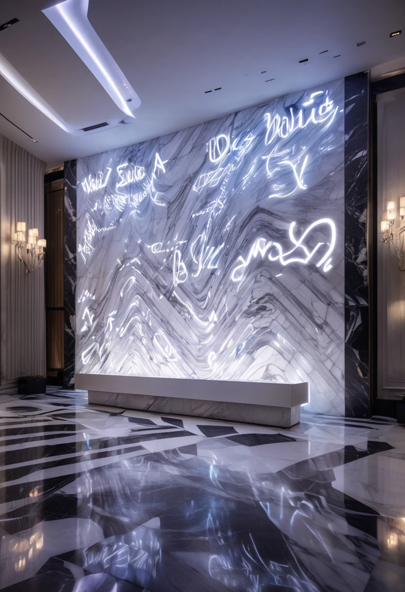 the words "WALTZ_AI_ART" are inscribed in a luminous marble wall, appearing as a large, illuminated text. The letters seemingly dance across the surface, adding a dynamic and ethereal quality to the 3D effect. The entire composition exudes a vibrant, dark, and futuristic atmosphere, offering a compelling and edgy visual experience.