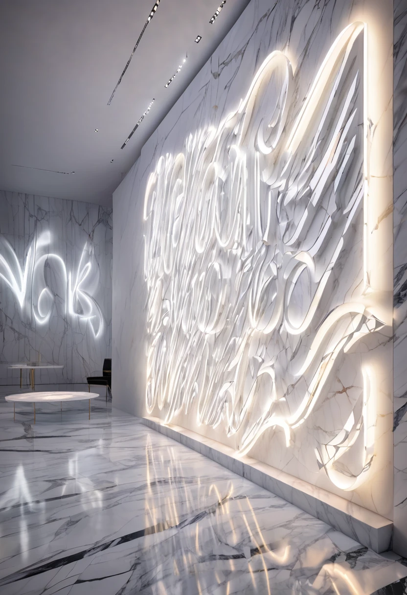 the words "WALTZ_AI_ART" are inscribed in a luminous marble wall, appearing as a large, illuminated text. The letters seemingly dance across the surface, adding a dynamic and ethereal quality to the 3D effect. The entire composition exudes a vibrant, dark, and futuristic atmosphere, offering a compelling and edgy visual experience.
