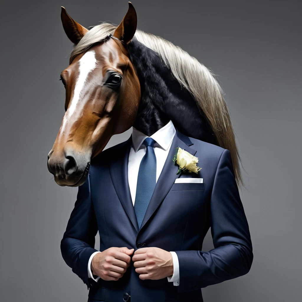 A man in a suit with a horse's head is at...