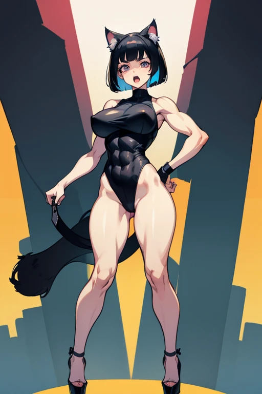 angry, scream, Open mouth, young girl, Pullover, whole body to see, bob cut bangs hair, very wide hips, very huge thighs, very big thighs, fullbody, platform heels, pale skin, very Big breast, high vut leotard, summer, colorfull, firm breast, black hair, thin waist, sleeveless, gun, neko girl, cat ears, cat tail, muscular girl fit girl, abs, standing, front pose, cyberpunk,