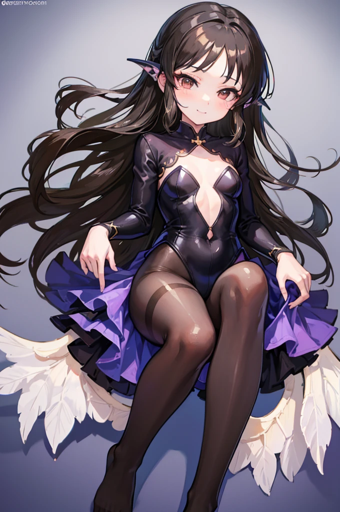 Highest quality Highest quality Draw a face carefully High-definition anime-style face Super Glowing Skin Long black hair Brown leotard Golden pantyhose Succubus lure smile Show the soles of your feet Close up of the soles of the feet
