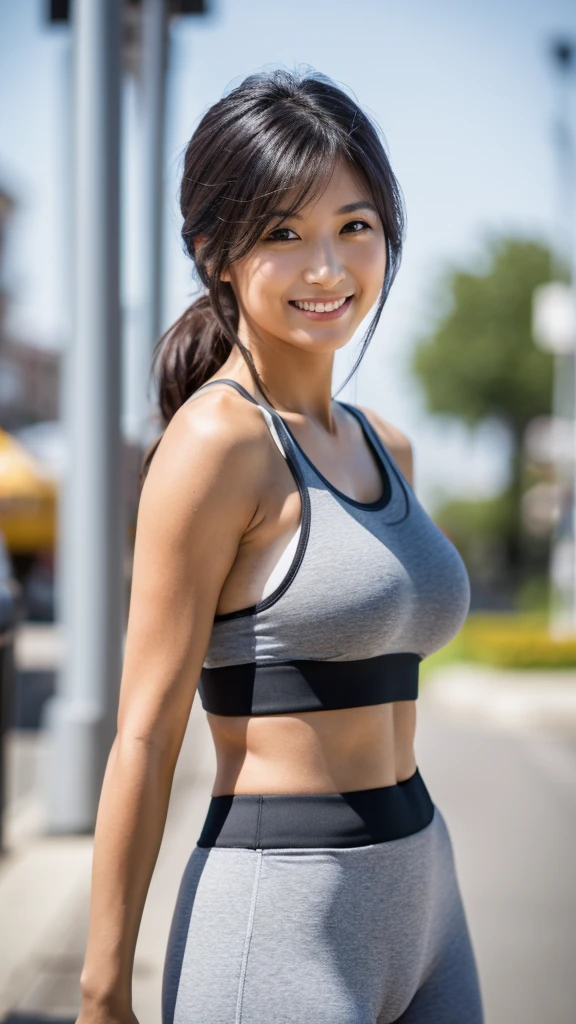 Highest quality, 8K, Very delicate and beautiful, Highly detailed face and skin texture, High resolution, She wore a grey sports bra with the lettering KC on it and yoga pants.、A Japanese girl with tanned skin, big sexy black hair and medium length hair is standing in the street and smiling, whole body, Sharp focus,Random Face,Random Posing, Rich colors,50mm lens,Nikon D850,Highest quality,Slim figure,Perfect body line,