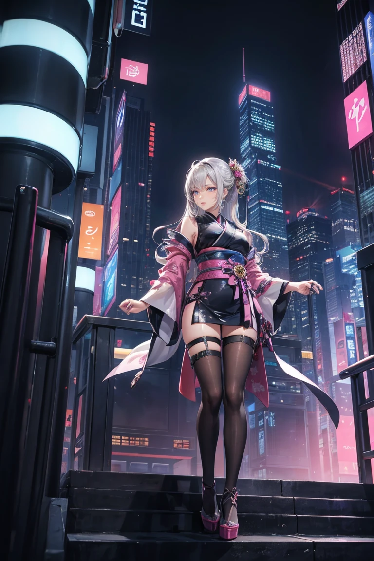 A futuristic cityscape at night with towering skyscrapers illuminated by neon lights. In the foreground, a young woman with long, flowing silver hair stands confidently on the edge of a skyscraper rooftop. She is dressed in a modernized pink kimono with intricate floral patterns, a black obi belt, and black stockings. Her kimono has a short, stylish cut that gives it a contemporary feel. She wears pink high heels and has delicate accessories in her hair, including traditional Japanese hair ornaments. The night sky above is filled with stars, adding to the serene yet powerful atmosphere. The wind gently flows through her hair and kimono, capturing a sense of motion. The city lights below highlight her figure, creating a striking contrast between the traditional and futuristic elements.

