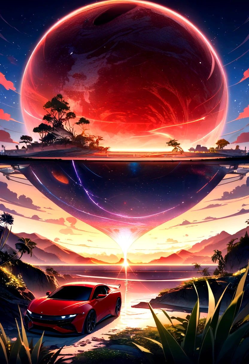 a space art Galactic Landscape, shoreline, sky with big red planet , conceptual artwork, vector, high qualiy, Viewing great detail, engine unreal, octane rendering, Ultra high qualiy, ultra high-resolution, surreal, Color Correct, Good Lighting Settings, good composition, sharp edges, harmonious composition, ultra precise, master part, award-winning work, defined plants, perfect composition, well-defined circular planet, with a futuristic black and red car in front of the landscape, black and red car parked on the planet,