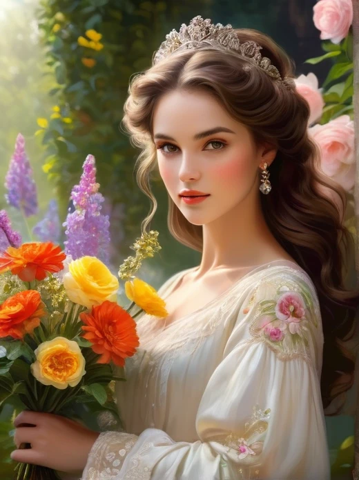 woman with oval face, dark brown wavy hair, wearing a white tunic with delicate iridescent tones, walking in a beautiful flower garden
medium: oil painting
beautiful detailed eyes, beautiful detailed lips, extremely detailed eyes and face, long eyelashes
chestnut brown hair in elaborate curls, styled with a delicate floral hair accessory
elegant and ornate dress in vibrant colors, adorned with delicate lace and embroidery
perfectly manicured hands holding a bouquet of fresh flowers
soft and glowing skin, with a healthy rosy complexion
subtle expression of youthful innocence and curiosity in her eyes
graceful posture and gentle smile, radiating timeless charm
faint sunlight gently filtering through a window, casting a warm glow on her face
impeccable attention to lighting and shading, emphasizing the girl's natural beauty
rich and vibrant color palette, capturing the elegance and opulence of 19th century Munich
subtle brushstrokes and fine details, showcasing the artist's skill and mastery of the medium
(masterpiece:1.2), ultra-detailed, (photorealistic:1.37), HDR, UHD, professional
classic portrait style, reminiscent of the great masters of the era
overall warm and inviting atmosphere, transporting the viewer to a bygone era