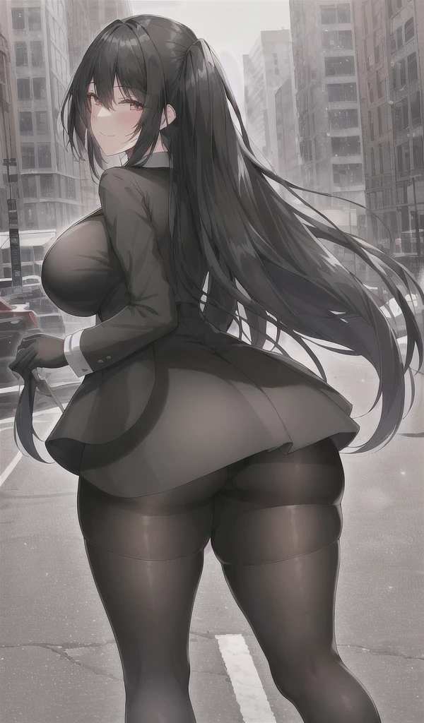 best quality, (black hair), 1girl, smile, outdoors, from behind, dark, sky, (sidelocks), city, looking at viewer, corneo_kaori_, pantyhose, Big breasts, big thighs, fleshy,