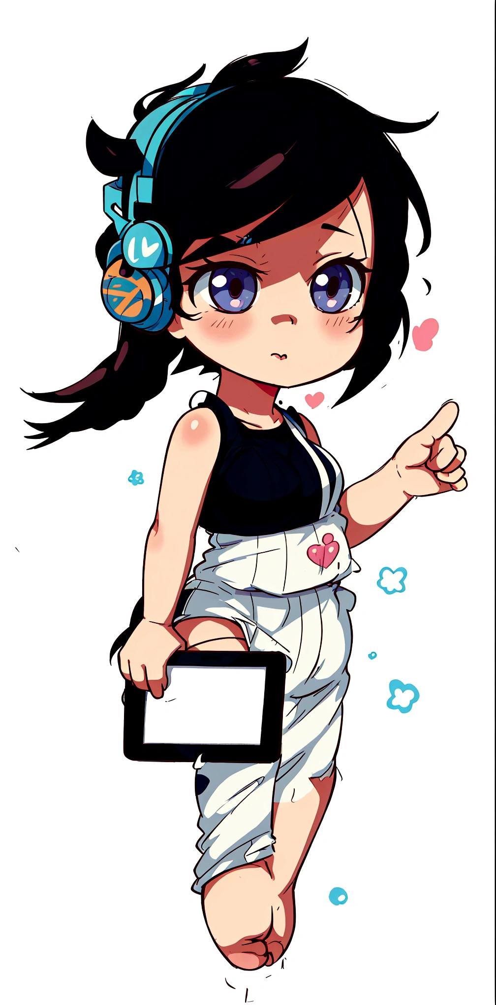 cartoon girl with headphones and a tablet pointing at something, full body!, in an anime style, full_body!!, ecchi anime style, with headphones, with head phones, chibi style, cel shaded!!!, unknown artstyle, thicc, jaidenanimations, chibi, anime moe artstyle, holding a pudica pose