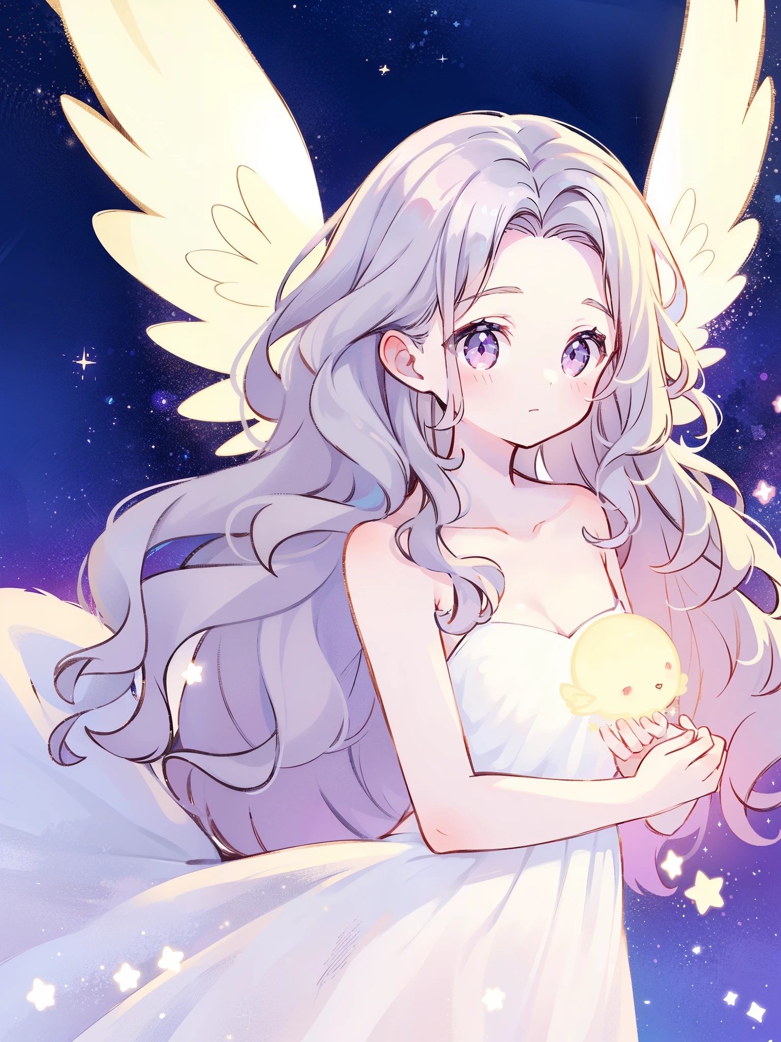 nude angel girl wearing an ethereal translucent dress, pale skin, ((wavy lilac hair)), white feathers, angel wings, sparkling detailed eyes, golden ratio face, perfect composition, highly detailed, ethereal, (starry night sky background), midjourney style