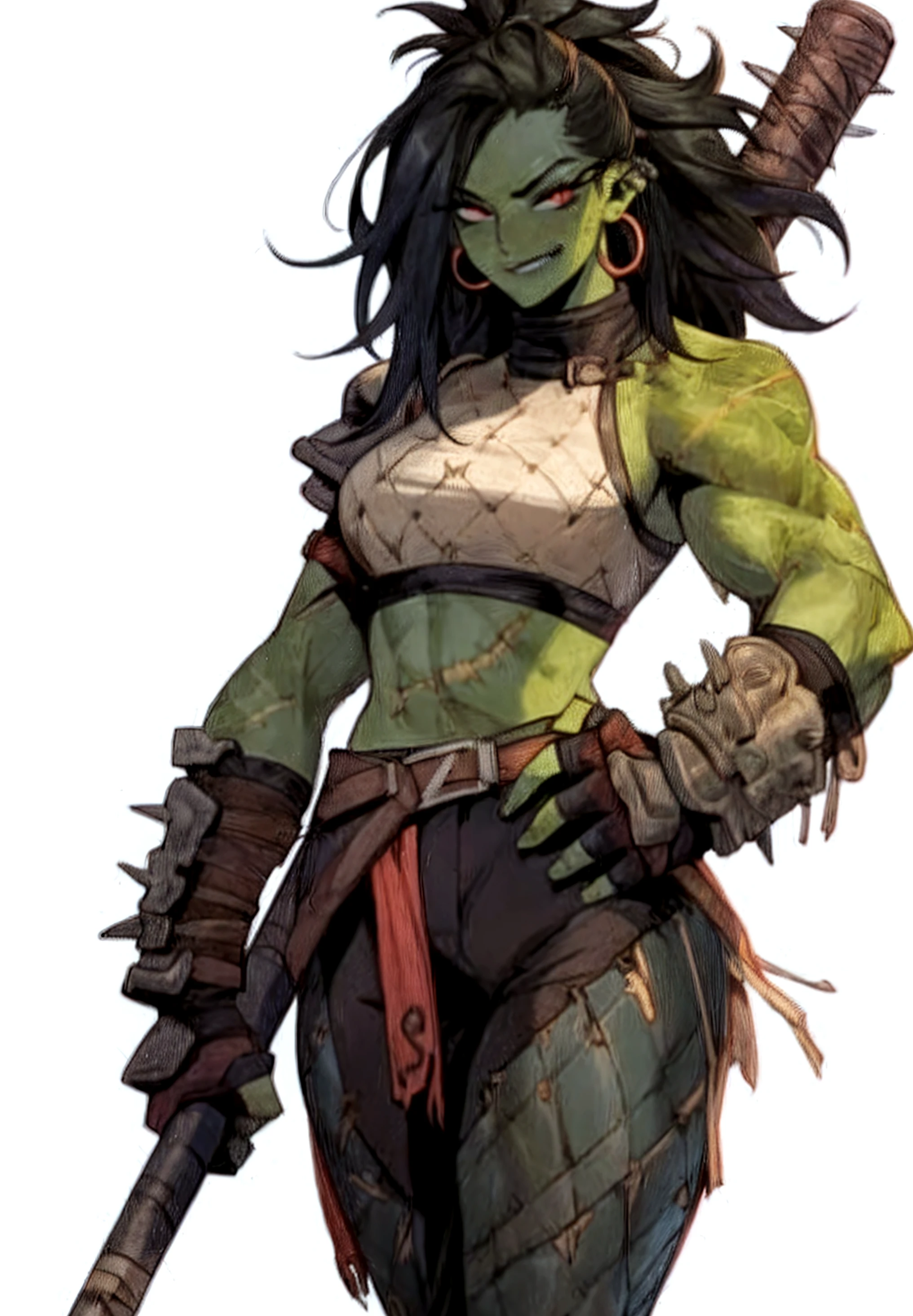 naz_grandmight, mature female, detailed, masterpiece, HDR, detailed sharp, best quality, highres, 1girl, solo,
makeup, thick lips, lipstick, eyeshadow,
colored skin, orc, pointy_ears, (((tusks))),
pelvic_curtain, armor, fur_trim, single pauldron,
fighting_stance, from side,
backlighting, depth of field, indirect lighting, dim lighting,
curvy, thick thighs, narrow waist, wide hips, large breasts, soft, squishy, (((full body view))), ((background, white background: 1.3))