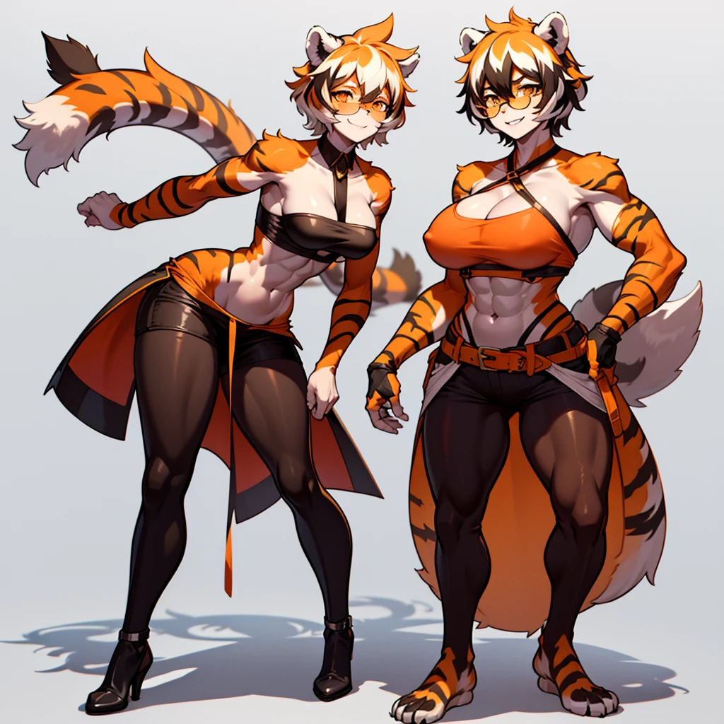 white background, full body, ((female furry:1.2)), Standing ，animal ears,  white hair, black hair, round eyewear, glasses, OPPEIN, short hair, large breasts, muscle, tail, orange eyes, orange hair, multicolored hair, tiger girl, furry female, hair between eyes, tiger_ears, tiger_tail, orange-tinted_eyewear, tinted_eyewear, big breasts, evil smile, Shadows under feet, Abdominal muscles, (((Hooker outfit:1.2))),Interact with strong black men