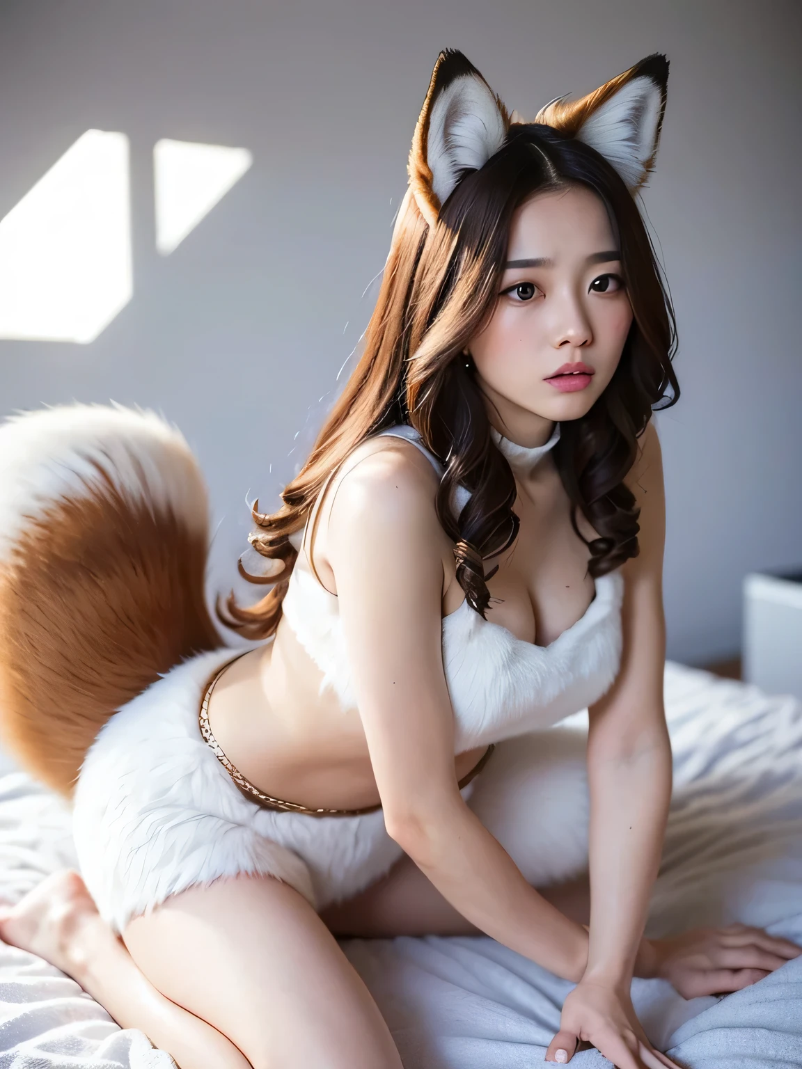((Highest quality)), ((masterpiece)), (Familiar), Perfect Face, fox lady, Pretty girl, Fox Ears, Fox tail, She has a northern fox tail, She wags her fluffy tail, fur collar, Beautiful hip line, Big , Thick thighs, A big tail growing out from under the skirt, Nice body, On all fours , Shyly staring at his tail, Only one tail, troubled face