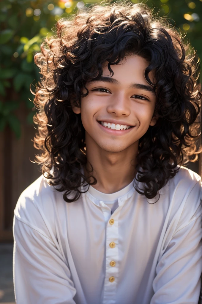 boy smiling and being the happiest in the world, perfect lighting, black and curly hair, eyes locked, side lighting, face detailed, bangss, shining skin, cheerful but not colorful background
