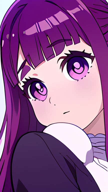 kawaii girl,Fern, Long Hair, bangs, (Purple eyes:1.1), Purple Hair, Side Lock, blunt bangs, (Bright Eyes:1.5), Half Up,Big breast, (score_9, score_8_up:1.1), score_7_up,twitch emotes,anime style,cartoon