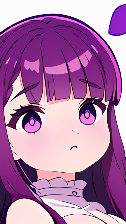 kawaii girl,Fern, Long Hair, bangs, (Purple eyes:1.1), Purple Hair, Side Lock, blunt bangs, (Bright Eyes:1.5), Half Up,Big breast, (score_9, score_8_up:1.1), score_7_up,twitch emotes,anime style,cartoon