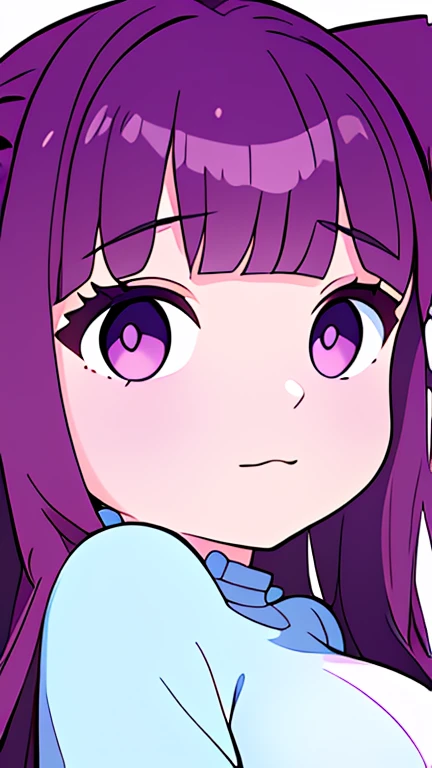 kawaii girl,Fern, Long Hair, bangs, (Purple eyes:1.1), Purple Hair, Side Lock, blunt bangs, (Bright Eyes:1.5), Half Up,Big breast, (score_9, score_8_up:1.1), score_7_up,twitch emotes,anime style,cartoon