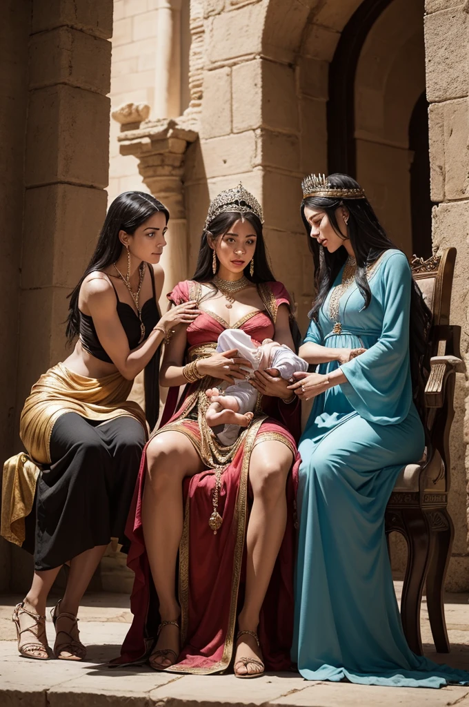 King Solomon sitting on a throne with two women fighting over a baby. Solomon suggests splitting the baby in half with a sword. The real mother cries out to save the , while the other woman watches silently. Ancient palace with rich details."