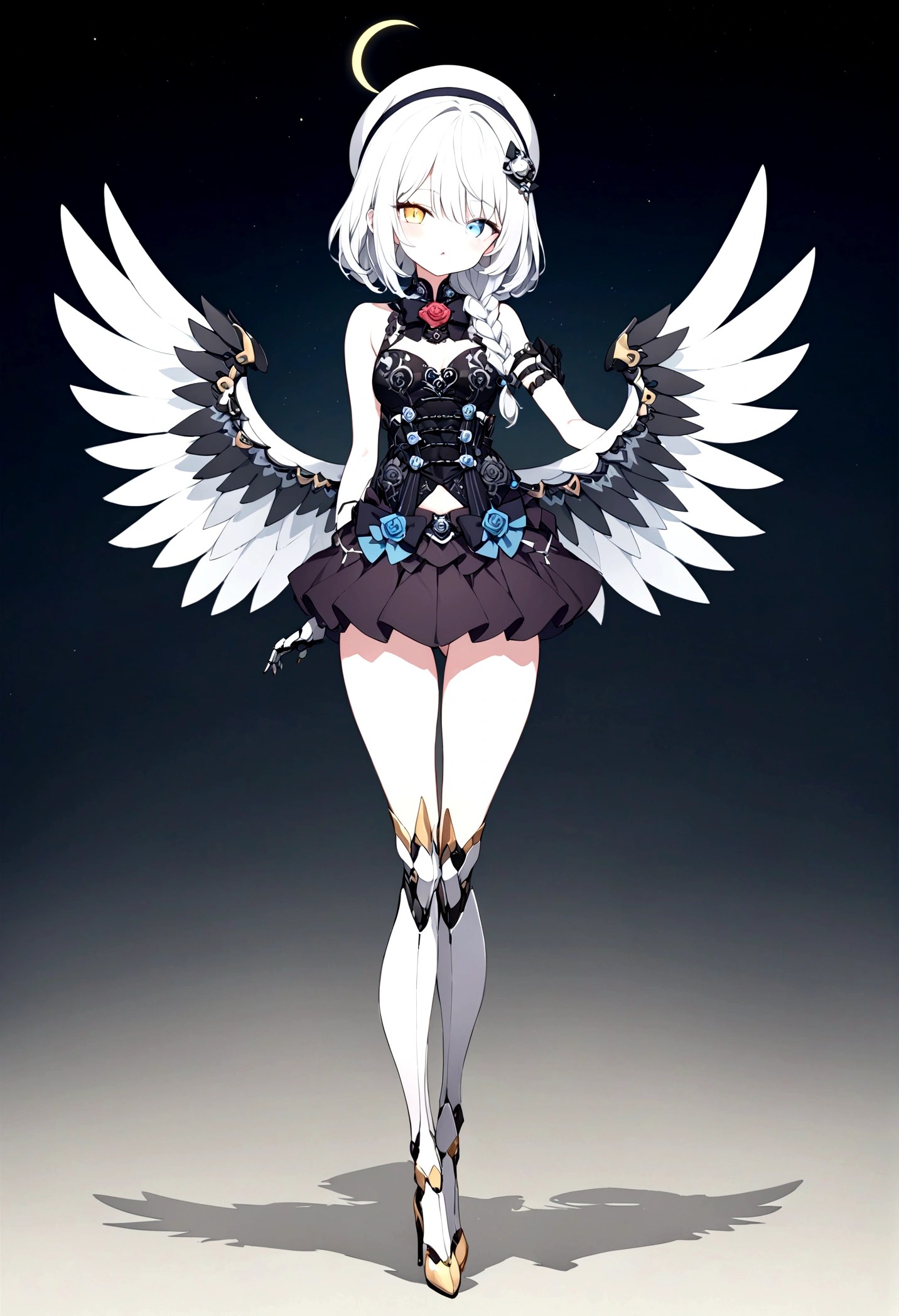 woman 160 cm tall, slim build, . (character design sheet: front view). (Short Wavy Gray Shoulder Length Hair, He has a short braid on the left side of his chest hair. He has large open bangs on the left side of his hair., She has a half-moon barrette on the right side of her hair.). He has an elegant black French beret that has an intricate emblem. (heterochromia: Green right eye and yellow left eye.). Intricate One Piece Low Waist Thigh Length Dress, He has an elegant black belt on his hip. He has a huge and complex rose brooch in the middle of his chest. It has intricate stilettos. (It has complex mechanical legs that reach up to the thighs.: black with small gray details and metallic finish.). (It has complex mechanical arms up to the elbow and are black with small gray details with a metallic finish..). He has complex mechanical angel wings on his back that are light blue and white with black patterns.. Beautiful extremely detailed wings.. beautiful detailed hair, beautiful detailed dress. extremely detailed arms. extremely detailed face, small face, Beautiful detailed eyes, beautiful detailed lips. adorable. extremely detailed legs. (Best Quality, 4k, 8k, high resolution), ultra detailed, Exquisite and epic character art.