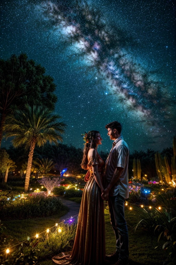 lots of people, galactic garden. lush party, starry sky, holiday, planets, fun, master class, high detail objects. 8k, spiral galaxy, romance
