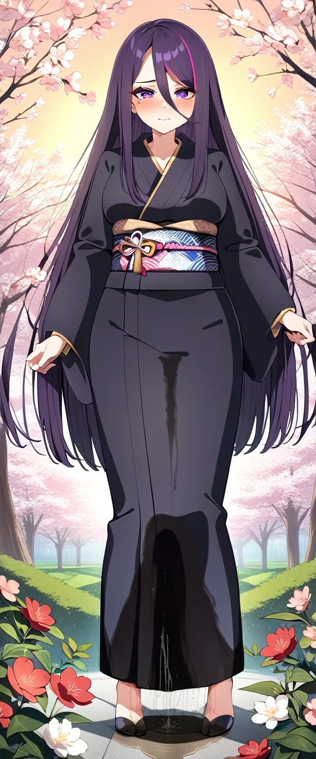 (masterpiece:1.37), best quality, (extremely detailed:1.37), (1girl:1.5), woman, (mature:1.5), (adult:1.5), large breasts, very long hair, (straight hair:1.5), (very dark purple hair:1.5), purple eyes, (extremely detailed eyes:1.37), (furisode:2.0), desperation, (wetting self:1.5), standing, embarrassed, humiliation, blushing, angry, cherry blossoms, garden, (golden hour:1.5), full body