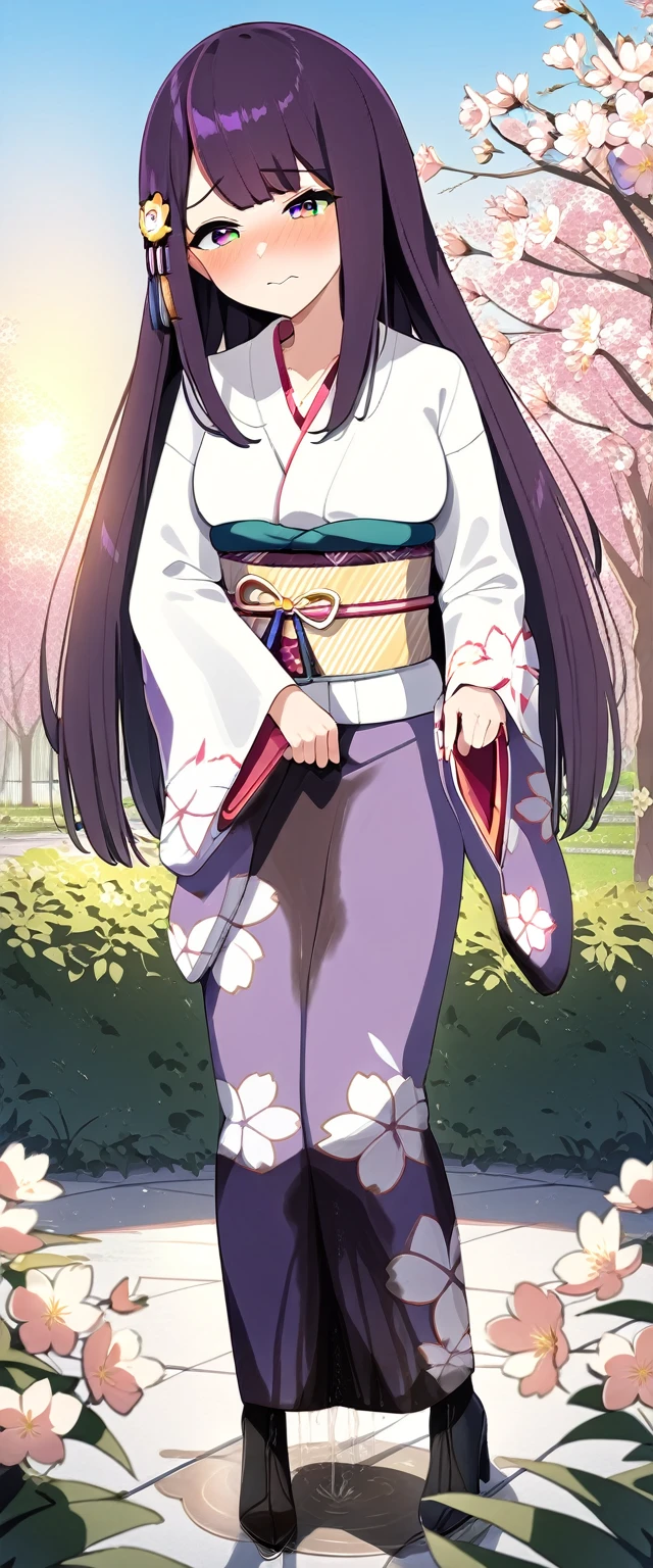 (masterpiece:1.37), best quality, (extremely detailed:1.37), (1girl:1.5), woman, (mature:1.5), (adult:1.5), large breasts, very long hair, (straight hair:1.5), (very dark purple hair:1.5), purple eyes, (extremely detailed eyes:1.37), (furisode:2.0), (starry furisode:1.5), desperation, (wetting self:2.0), standing, embarrassed, humiliation, blushing, angry, cherry blossoms, garden, (golden hour:1.5), full body