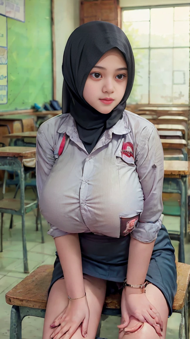 RAW, Best quality, high resolution, masterpiece: 1.3), Beautiful young indonesian girl, seductive pose,showing breast, open legs showing vagina, sensual body, on a top of chair of class room, ((senior high school clothes)), orgasm, highres, 4k, HDR, 1girl, photorealistic, realistic, big breasts, ((whole body)) turning away facial at viewer, closeup, class-room, misty, hijab