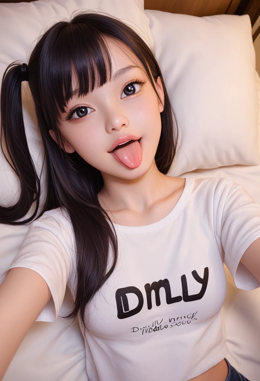 pastel colors colors t-shirt,off-shoulder look,bare shoulder,ollarbone,midriff peek,hot pants,(open mouth:1.5),(tongue out:2),lying,Selfie,overhead shot,front view,upper body,(1girl,Beautiful 14 year old girl),((Slender,Small breasts,Small face,)),(looking at viewer),Black Hair,bangs,one side up,Beautiful and detailed,(Dimly lit room:1.5),White bed,pillow,Mischievous smile