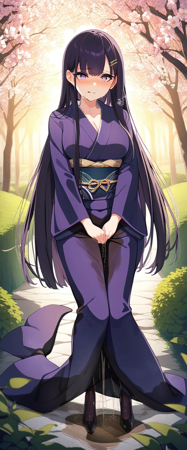 (masterpiece:1.37), best quality, (extremely detailed:1.37), (1girl:1.5), woman, (mature:1.5), (adult:1.5), large breasts, very long hair, (straight hair:1.5), (very dark purple hair:1.5), purple eyes, (extremely detailed eyes:1.37), (furisode:2.0), desperation, (wetting self:2.0), standing, embarrassed, humiliation, blushing, angry, cherry blossoms, garden, (golden hour:1.5), full body